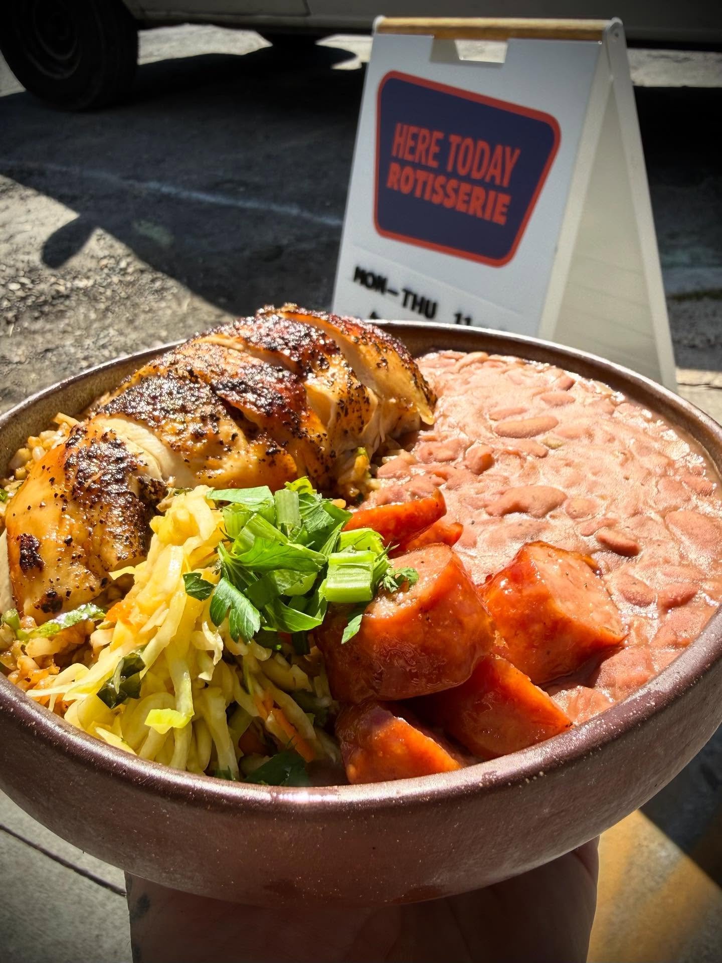 Red beans and rice plate today. Sean&rsquo;s red beans, chicken fat rice, pork sausage and marinated marinated cabbage. Add white or dark chicken optional.