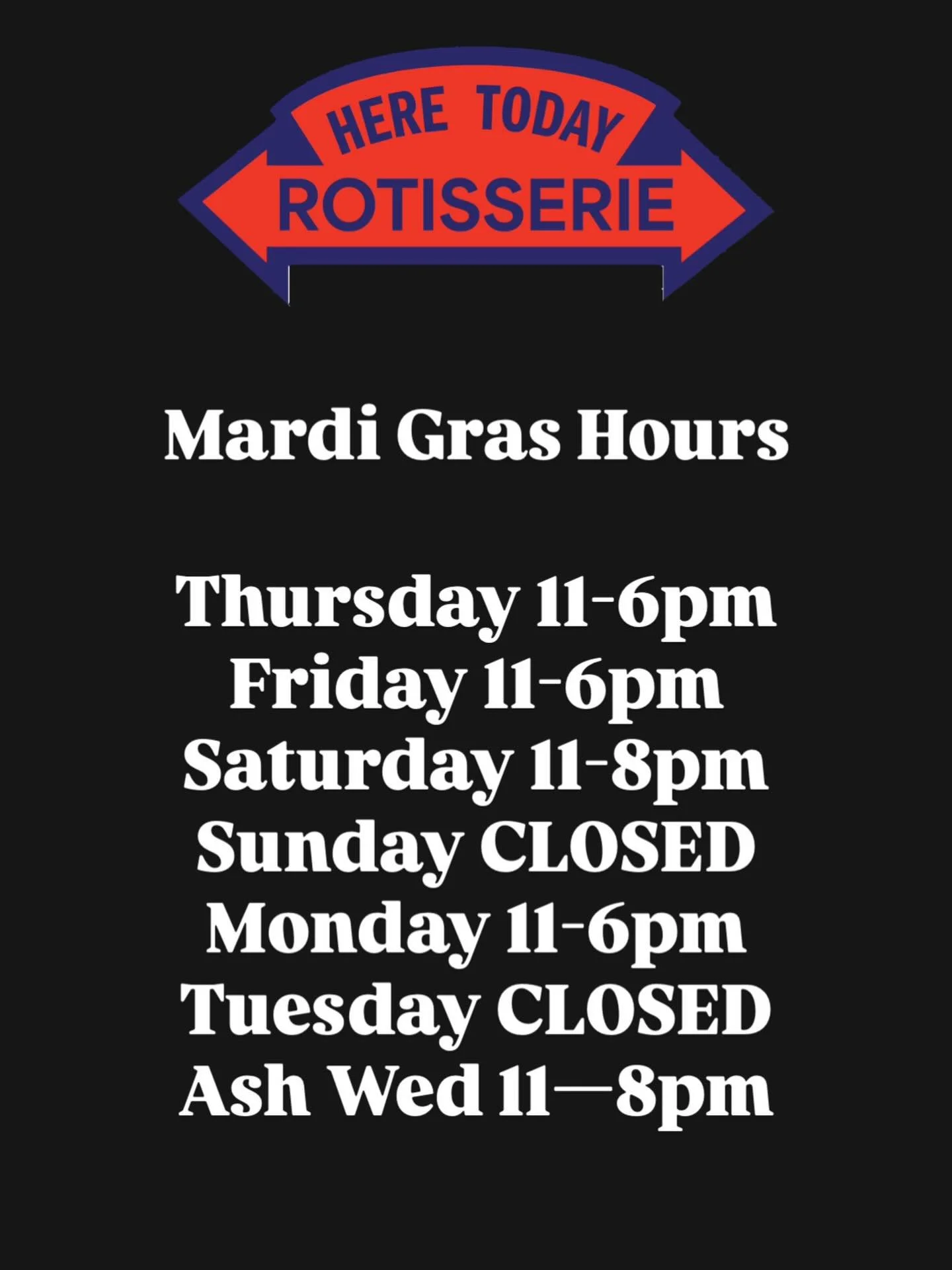 Parade season is HERE 💜💛💚 Our Mardi Gras hours are live! Check the graphic to see when you can catch us before you hit the route. Swing by to fuel up, and grab some parade chicken for the crew &mdash; we&rsquo;ll be ready for you ✨Tag your krewe &