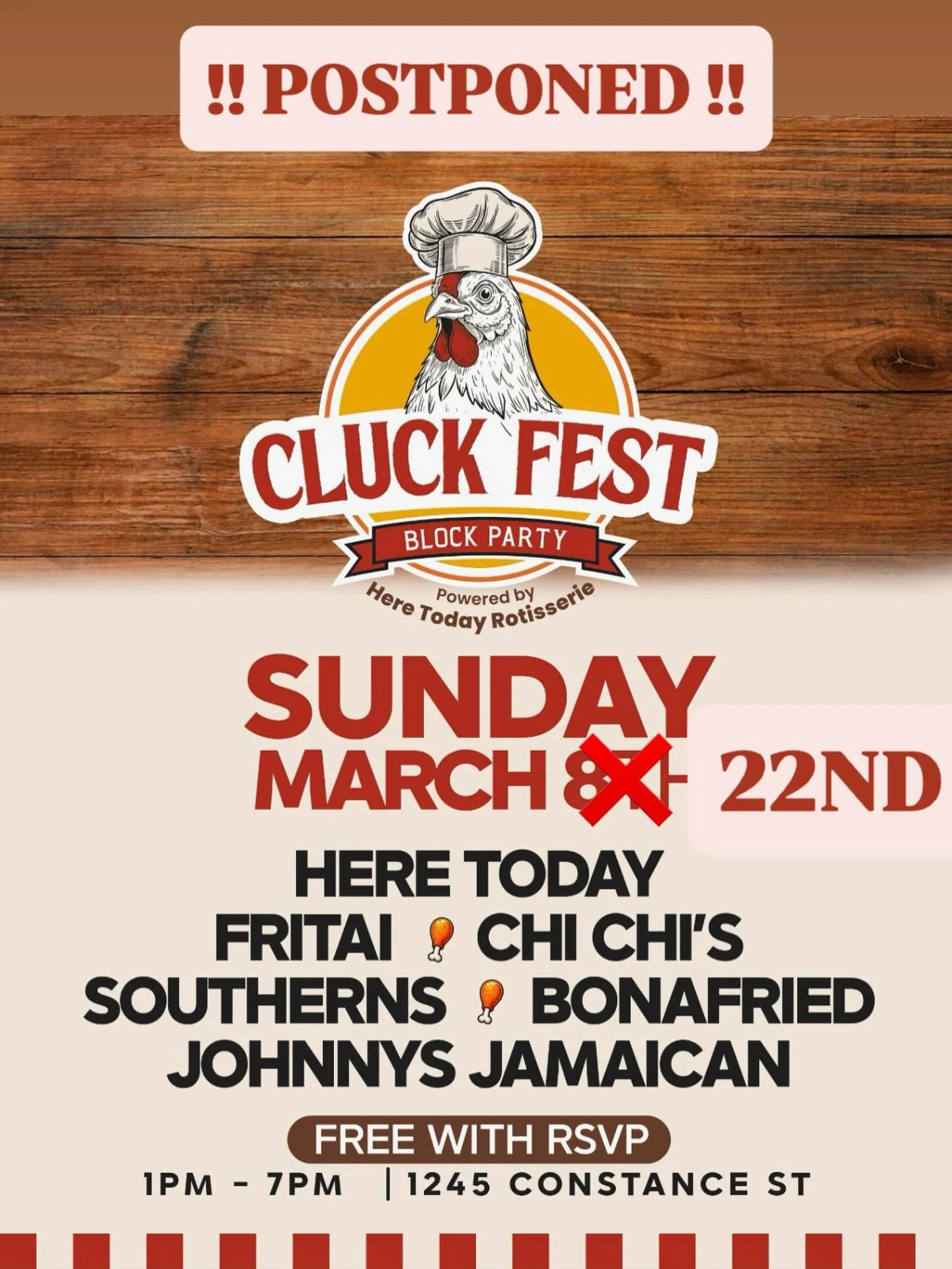 CLUCKFEST just got rained out to the 22nd 🌩️ But we&rsquo;re still bringin&rsquo; the party! Swing by tomorrow from 1-7 for fried chicken and @cheramierum &amp; @bigeasywhiskey specials!