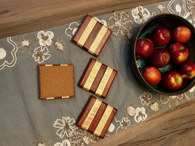Sapele, Maple, & Padauk Coaster, 4 1/4" x 4 1/4", Cork Bottom, Satin Finish