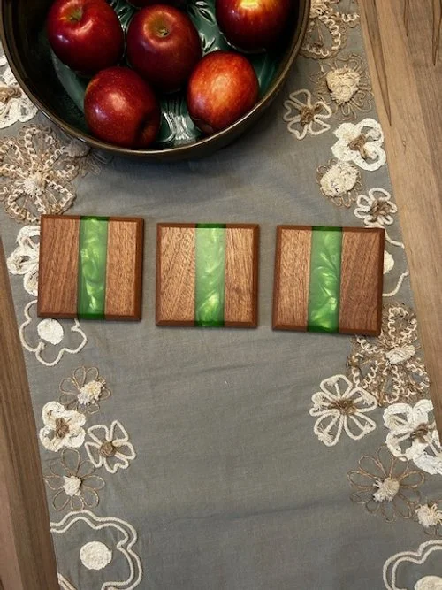 Sapele & Green Epoxy Coastrs, 4 1/4" x 4 1/4", Cork Bottom, Satin Finish