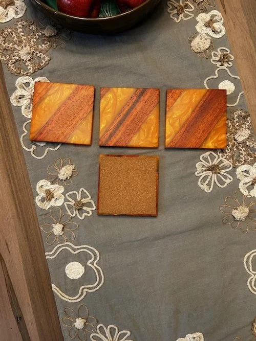 Padauk & Orange Epoxy Coasters, 4 1/4" x 4 1/4", Cork Bottom, Satin Finish