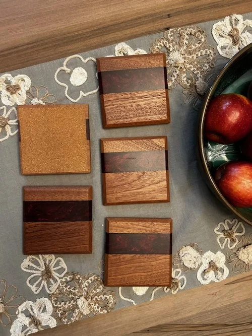 Sapele & Burgundy Epoxy Coasters, 4 1/4" x 4 1/4", cork bottom, Satin Finish