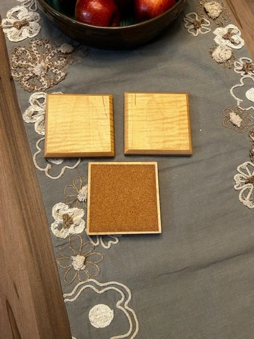 Curly Maple Coasters, 4 1/4" x 4 1/4", Cork Bottom, Satin Finish