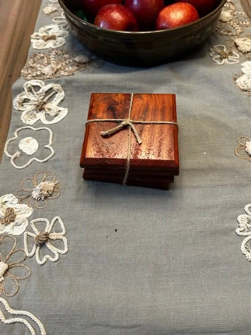 Sapele Coasters, 4 Pack, 4 1/4" x 4 1/4", Cork Bottom, Satin Finish