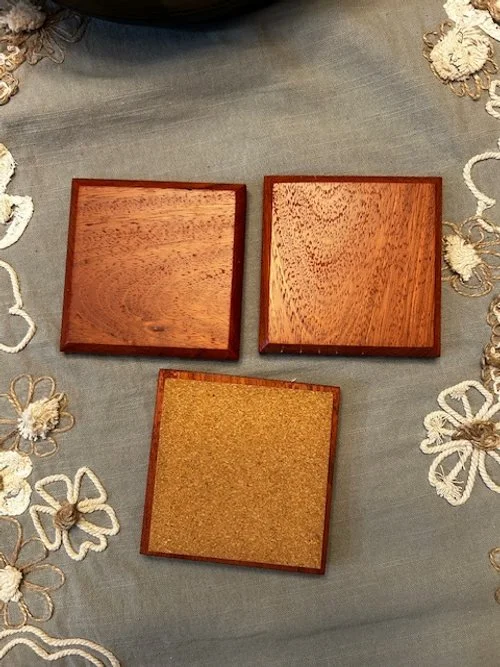 Sapele Coasters, 4 1/4" x 4 1/4", Cork Bottom, Satin Finish