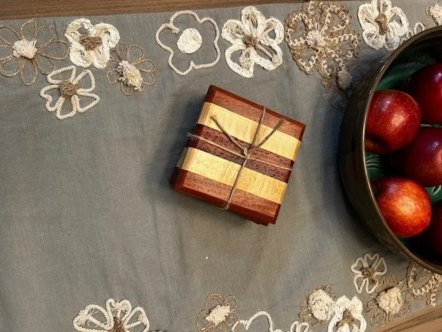 Sapele, Curly Maple,& Padauk Coasters, 4 Pack, 4 1/4" x 4 1/4", Cork Bottom, Satin Finish