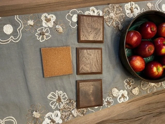 Black Walnut Coasters, 4 1/4" x 4 1/4", Cork Bottom, Satin Finish