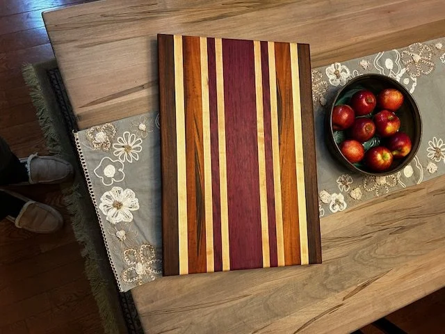 Black Walnut,Tiger Wood, Curly Maple, & Purpleheart Cutting Board, 17" x 24"