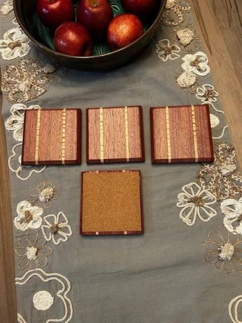 Sapelle & Maple Coasters, 4 1/4" x 4 1/4", Cork bottom, Satin Finish