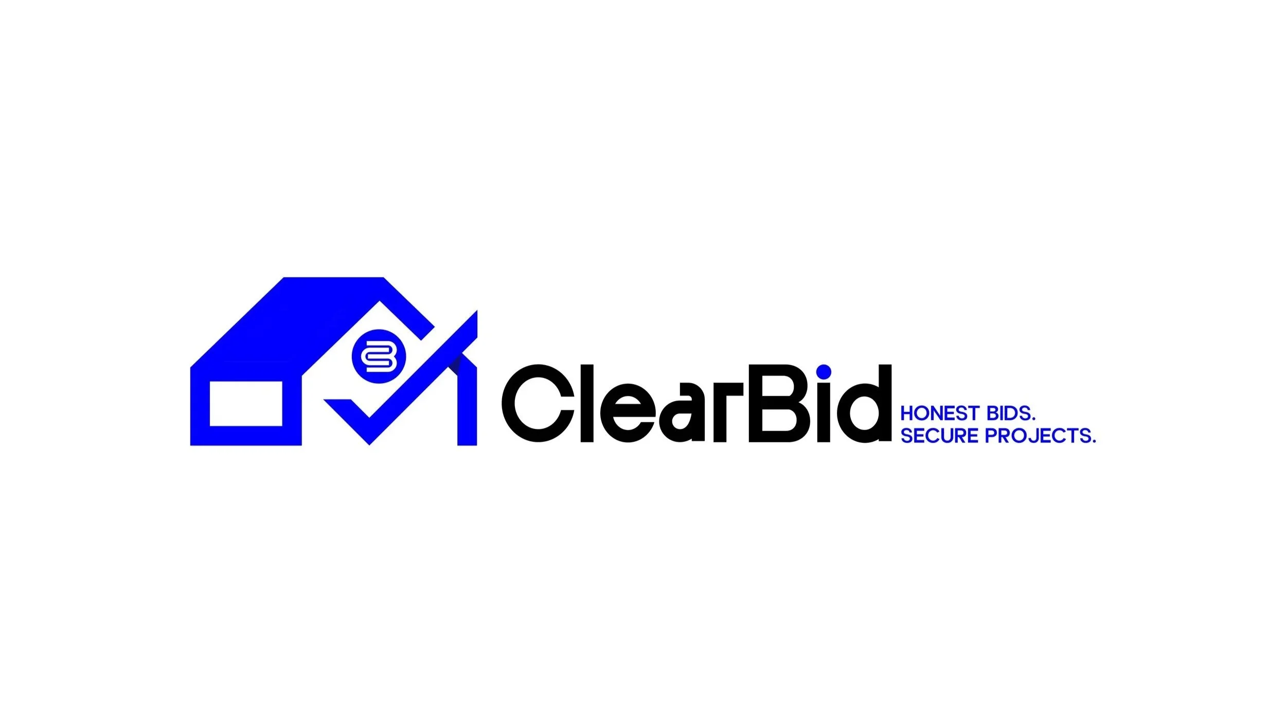 Logo for ClearBid featuring a blue house icon with a checkmark, and the company name in black and blue text alongside the tagline 'Honest Bids. Secure Projects.'