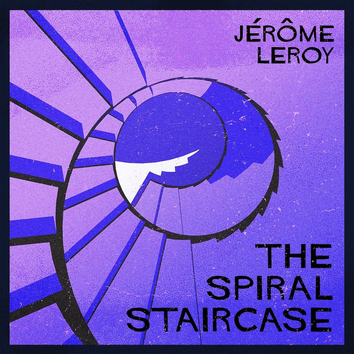 Couverture de livre avec une spirale violette, titre "The Spiral Staircase" et l'auteur "Jérôme Leroy".