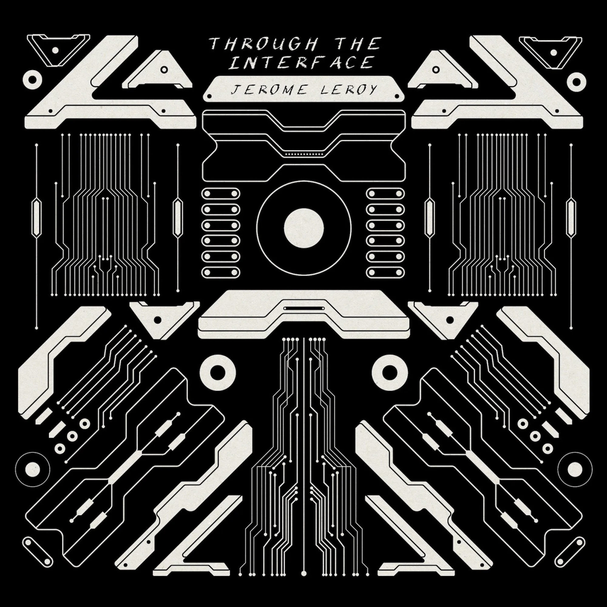 Couverture de livre avec un design digital noir et blanc, titres "Through the Interface" et "Jerome Leroy".