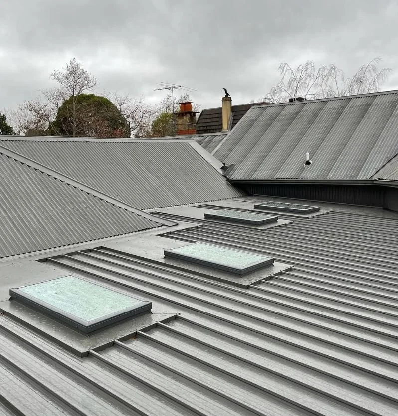 View of metal roof with four skylights on a cloudy day, with other roofs and trees visible in the background.