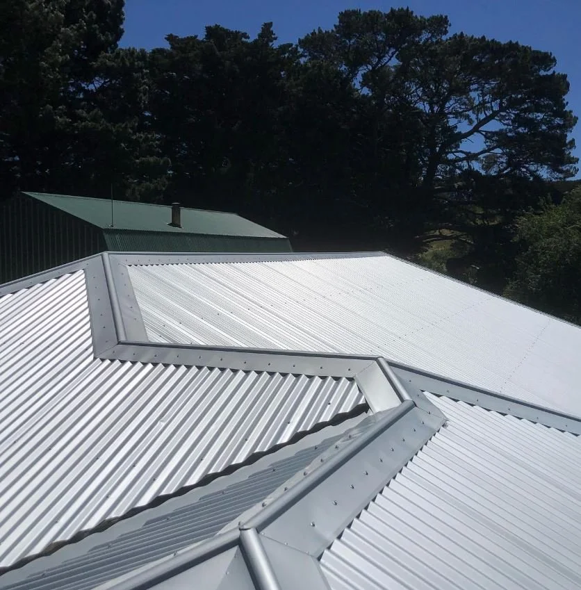 Close-up view of a white corrugated metal roof with a ridge cap, set against a backdrop of trees and a partly cloudy blue sky.
