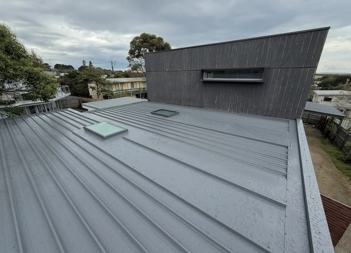 View of a metal roof with two skylights and a modern wooden building with a narrow window, with cloudy sky and trees in the background.