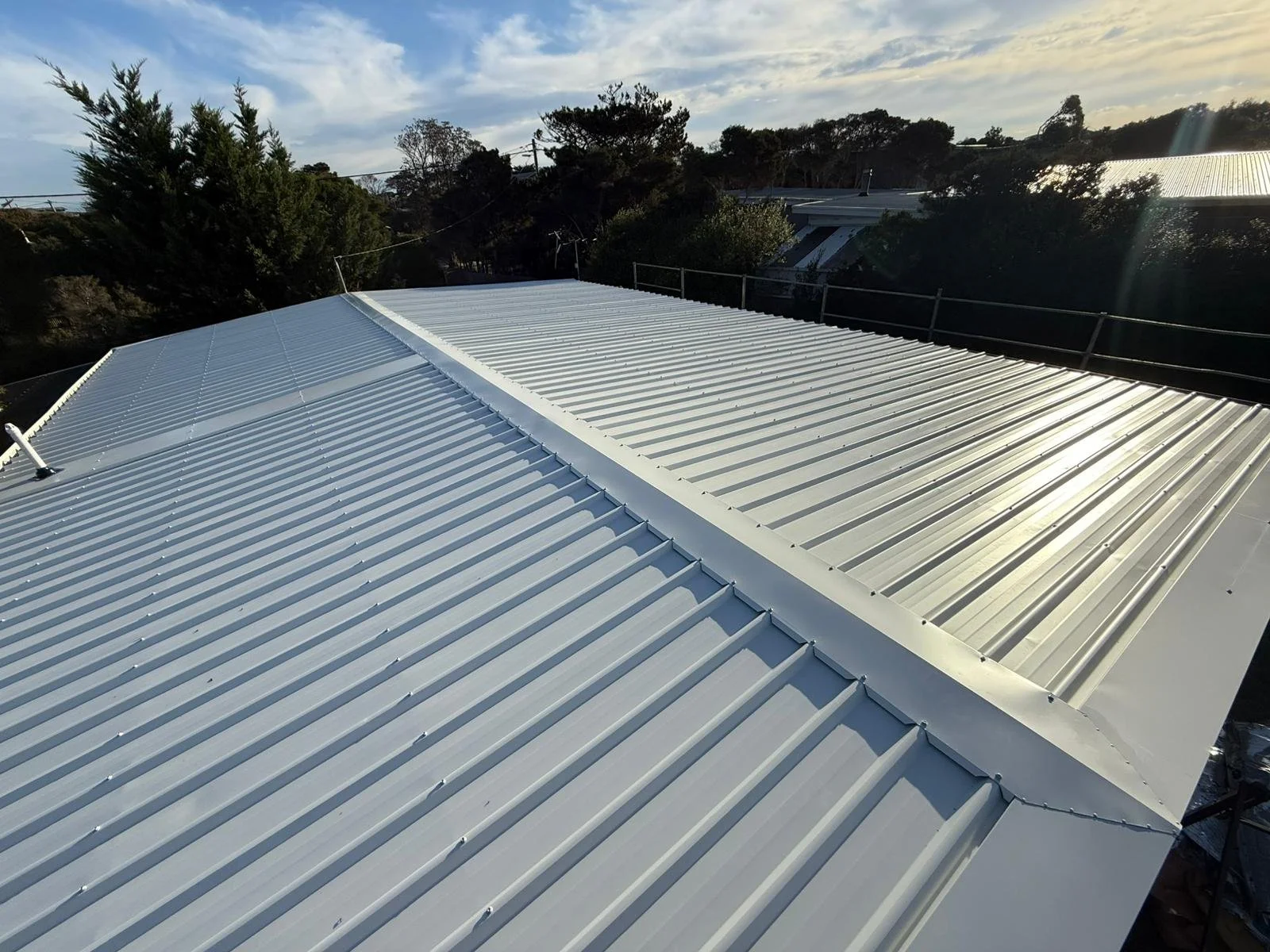 Metal roof panels on a sloped rooftop with trees and sky in the background.