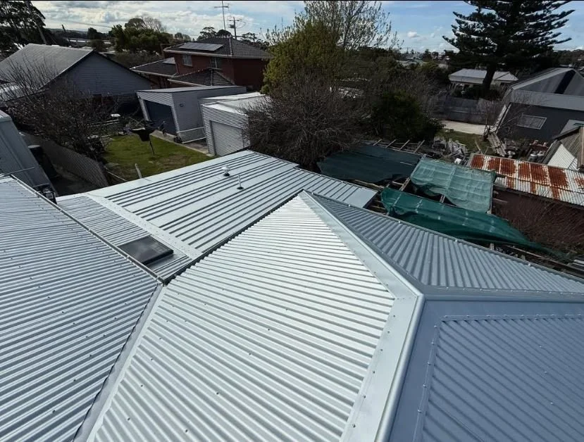 View of a residential neighborhood seen from above, showing several rooftops made of metal panels and various houses surrounded by trees.