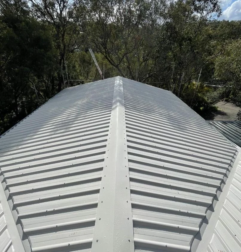 Close-up of white metal roofing with vents on a building, surrounded by trees.
