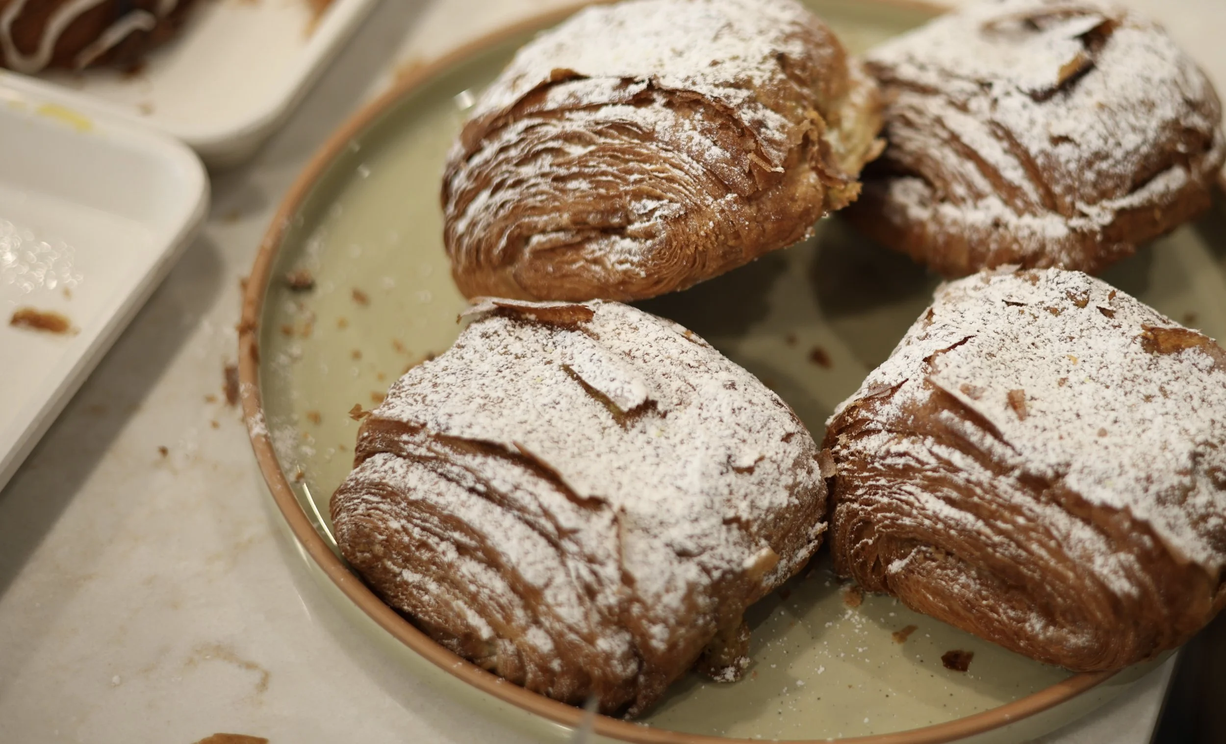 Churros dusted with powdered sugar on a ceramic plate.