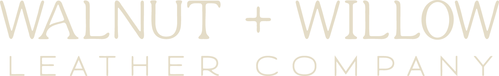 Text logo reading "Walnut + Willow Leather Company" in beige letters on a black background.