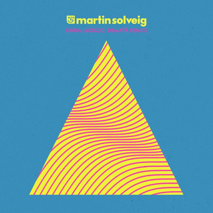 Album cover featuring a large yellow triangle with pink lines on a blue background, with yellow and pink text at the top reading 'martin solveig' and smaller purple text below that says 'LINDA (MOJJO, DEMAYA REMIX)'.