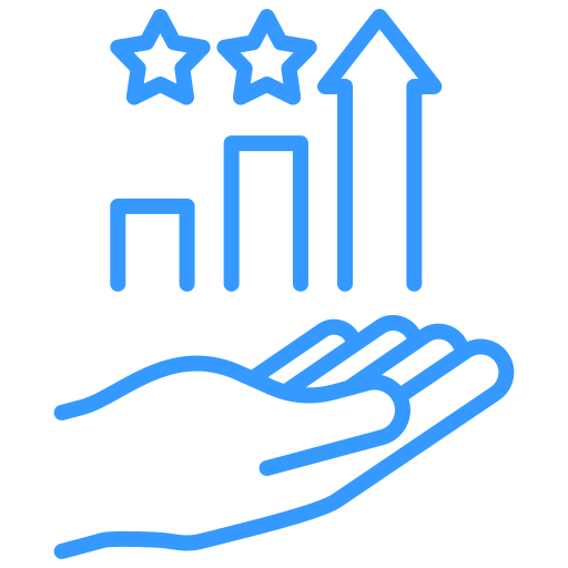 Outline of a hand beneath a bar graph with upward arrow and two star ratings above, symbolizing growth and success.