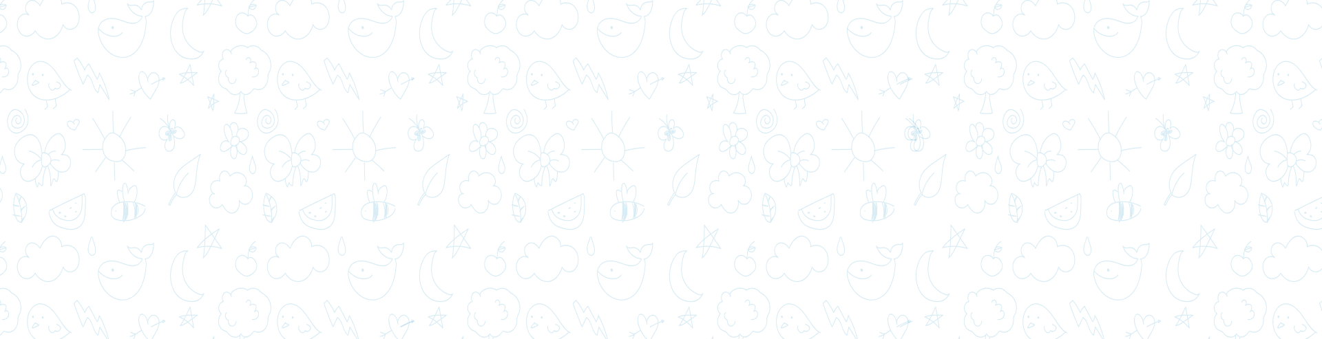 Pattern of blue doodles on a black background, including clouds, moons, stars, flowers, butterflies, watermelons, cherries, lightning bolts, rain, smiling faces, and bees.
