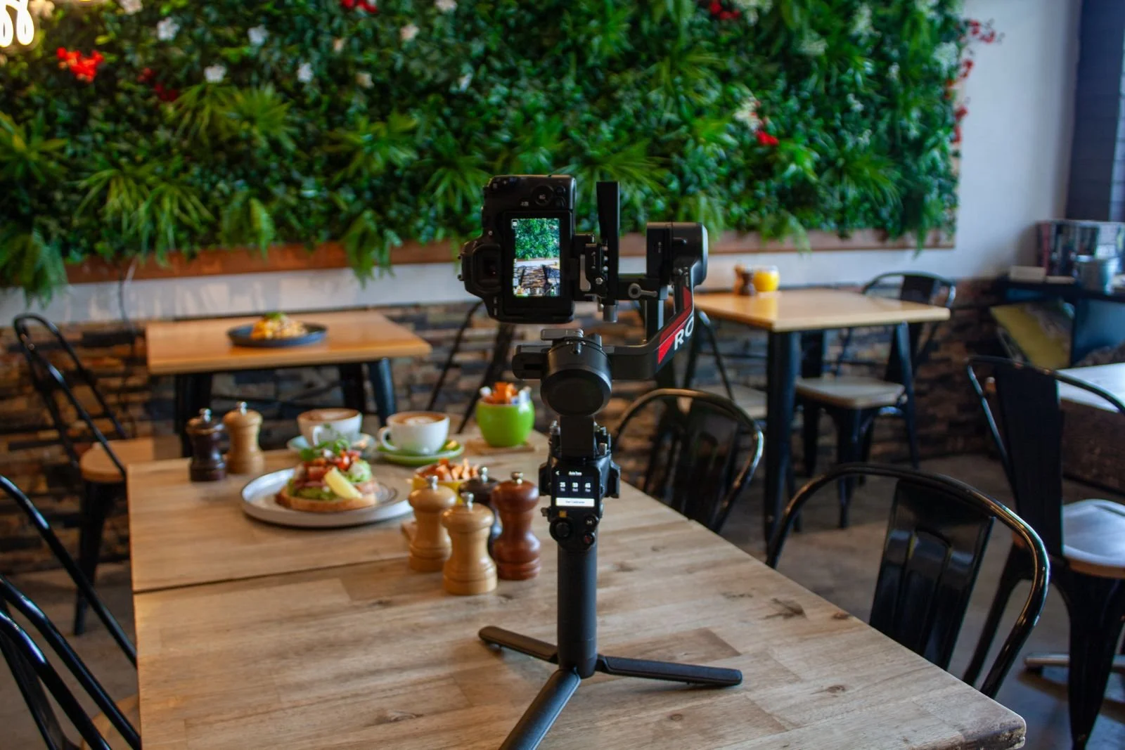 Camera on tripod set up in a restaurant dining area with tables, chairs, and food, including a plate of salad and drinks, and a green wall of plants in the background.