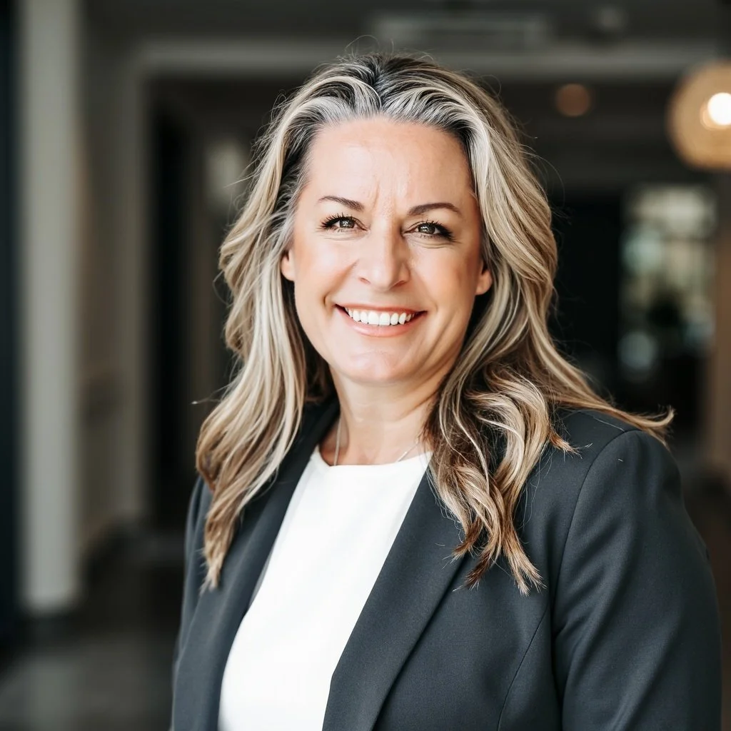 A smiling woman with blonde wavy hair wearing a black blazer and white top, standing indoors in a professional setting.