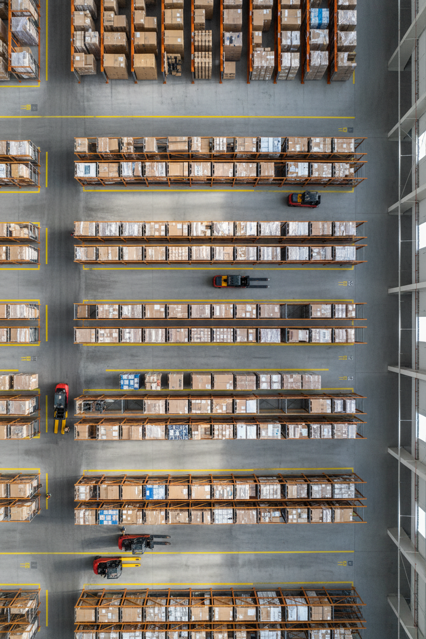 Amazon FBA prep warehouse with inventory and storage shelves