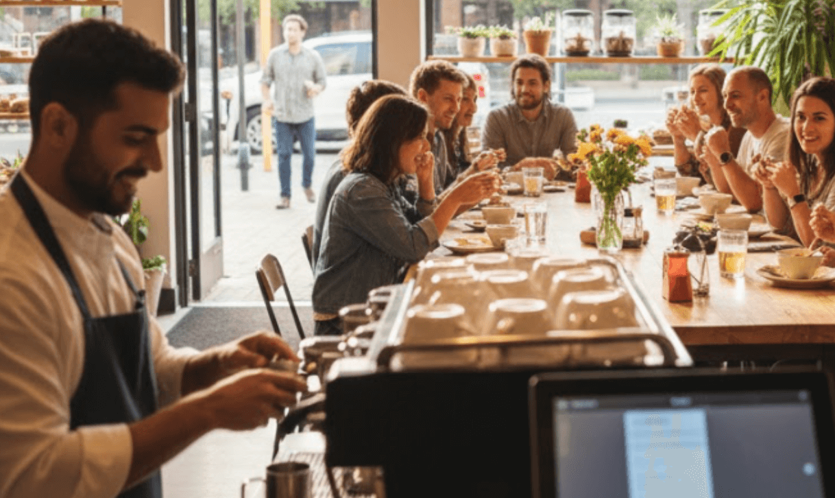 Barista serving customers at a busy café — showcasing local restaurant success supported by Lazyguys marketing and online growth tools in Mississippi.
