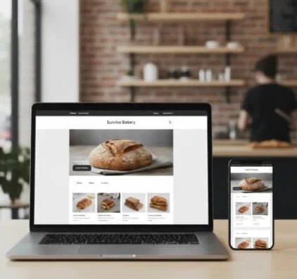 Laptop and smartphone displaying bakery website — demonstrating Lazyguys custom restaurant website design in Mississippi.