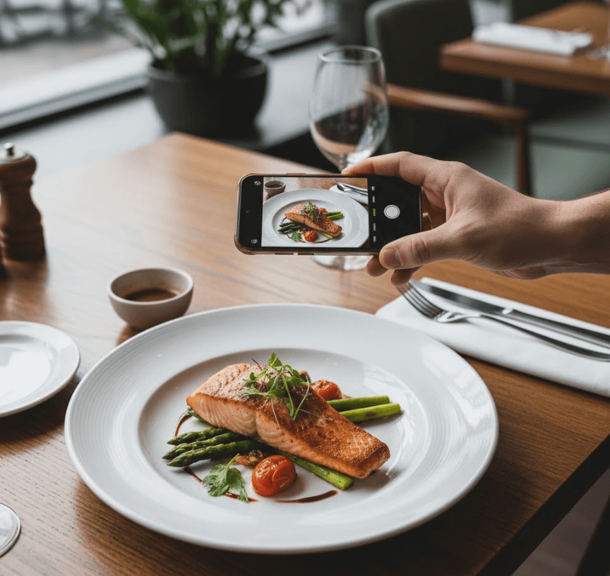 Person photographing a plated salmon dish with asparagus and cherry tomatoes at a restaurant table, capturing content for social media marketing.