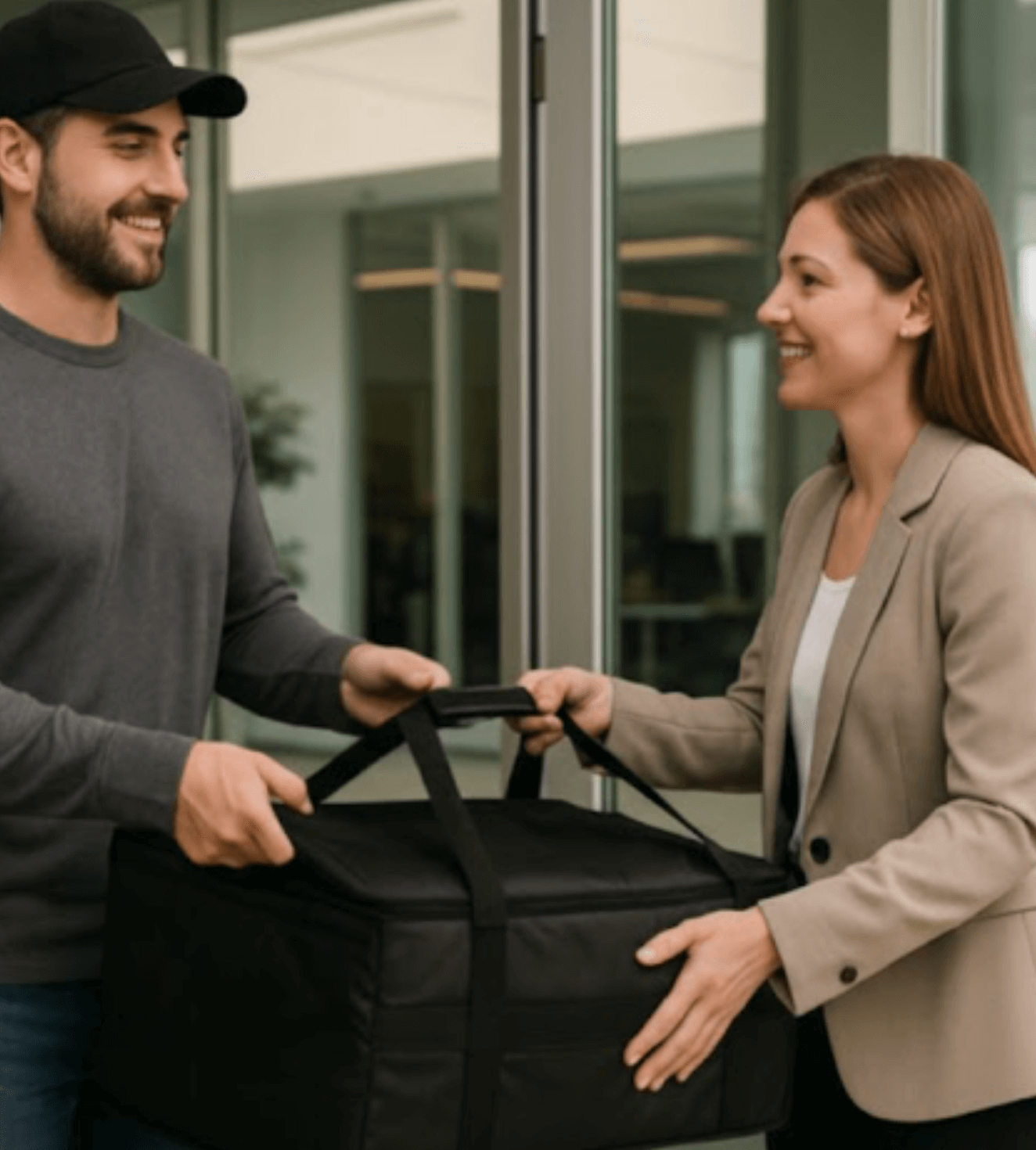 Food delivery handoff for catering order — representing Lazyguys catering support for Mississippi businesses.