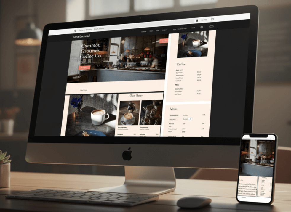 Restaurant website displayed on computer and mobile phone — promoting Lazyguys responsive website solutions for Mississippi small businesses.