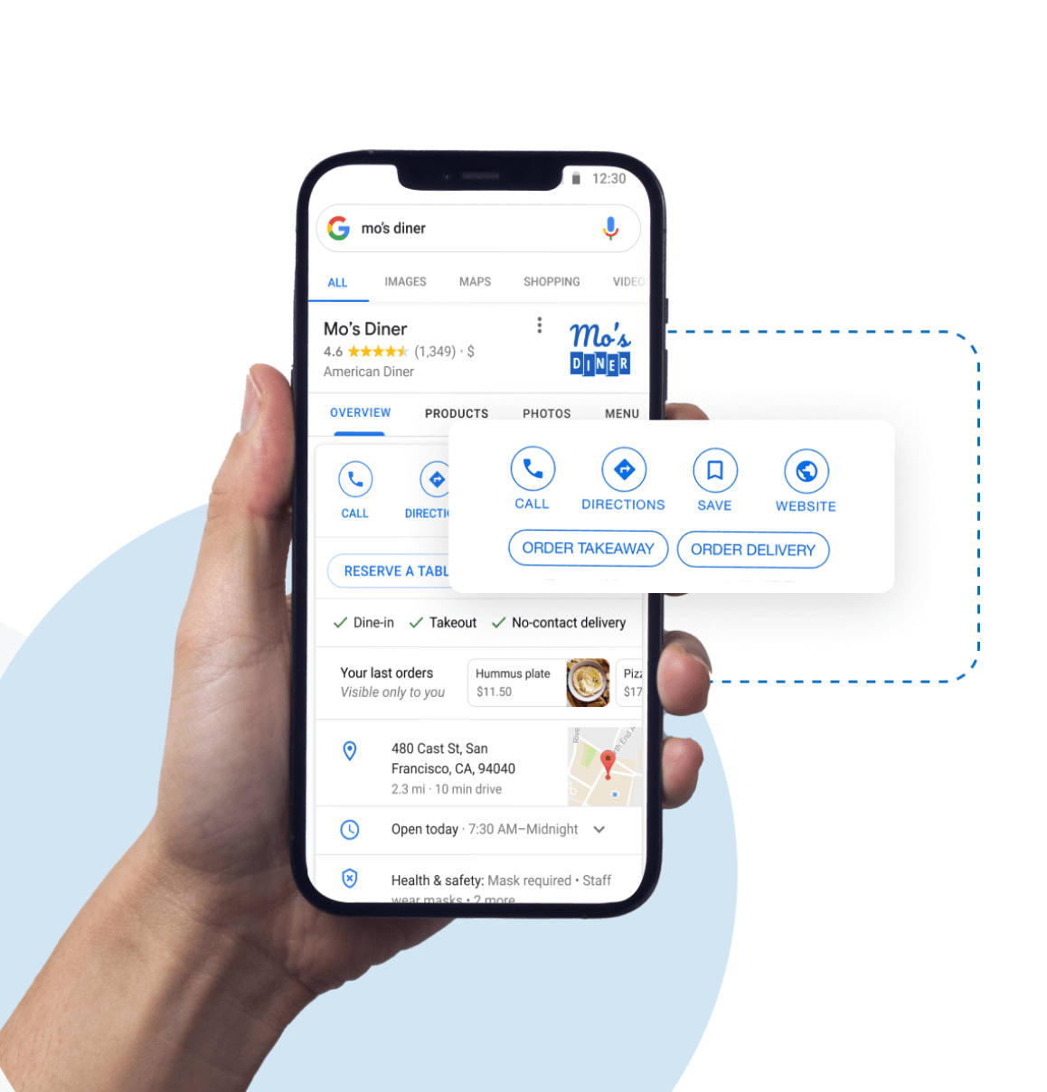 Google search result for local diner showing online ordering buttons — demonstrating Lazyguys Google integration for local restaurants.