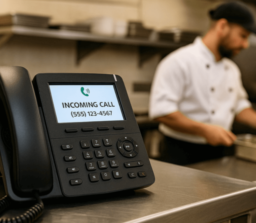 Restaurant phone receiving automated call order in Mississippi kitchen — showcasing Lazyguys AI voice ordering system.