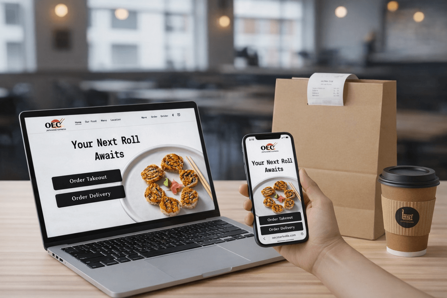 Laptop and smartphone showing restaurant online ordering — highlighting Lazyguys delivery and takeout integration in Mississippi.
