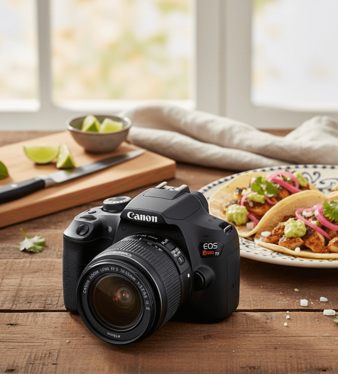 Professional camera on restaurant table with plated tacos — promoting Lazyguys food photography services in Mississippi.