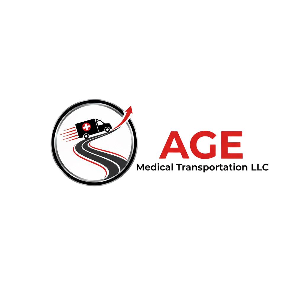 Logo of ACE Medical Transportation LLC featuring a circular icon with an emergency vehicle and a winding road, accompanied by the company name in red and black text.