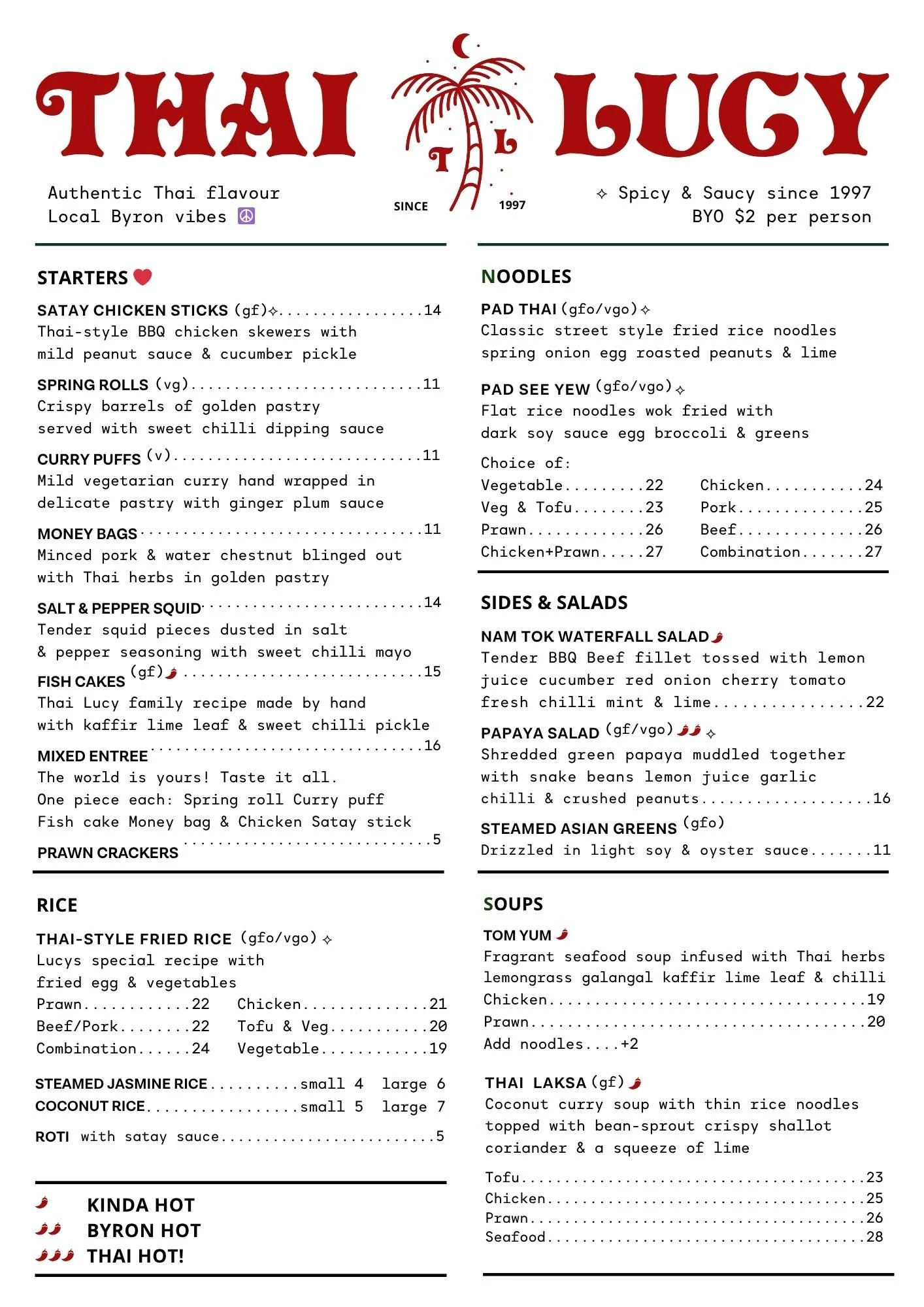 Thai Lucy Thai restaurant menu featuring hand made starters, noodles, Thai curry, salads and soups, daily specials and hot dishes from the wok, with prices.