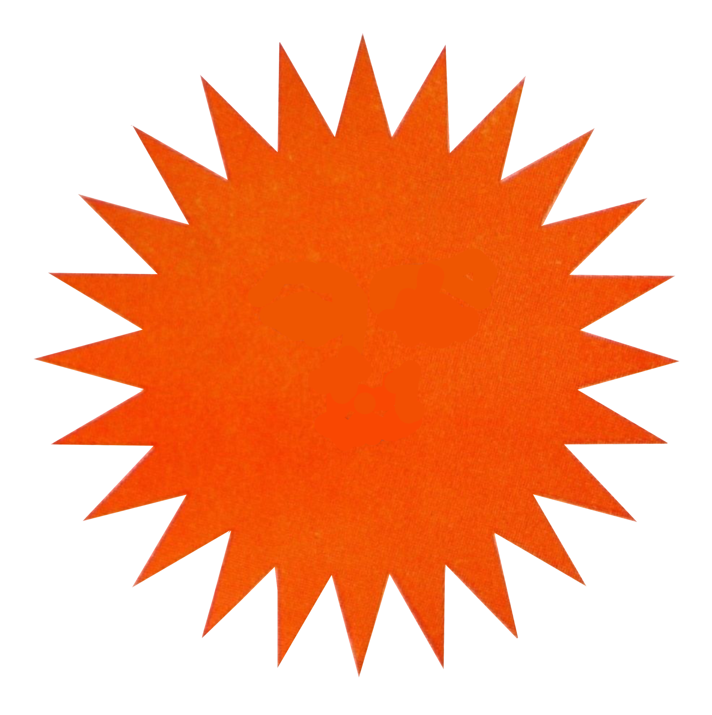 Orange starburst shape with a face, including two eyes, a nose, and an open mouth.