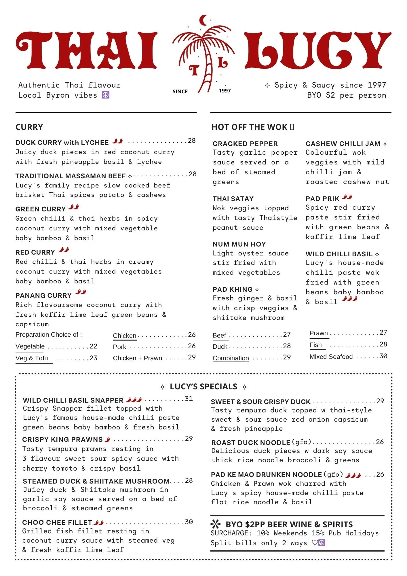 Thai Lucy restaurant menu featuring Thai cuisine and dishes, with selection of curries, hot wok options, and Lucy’s specials, including spicy duck, prawn, fish, and vegetarian dishes.