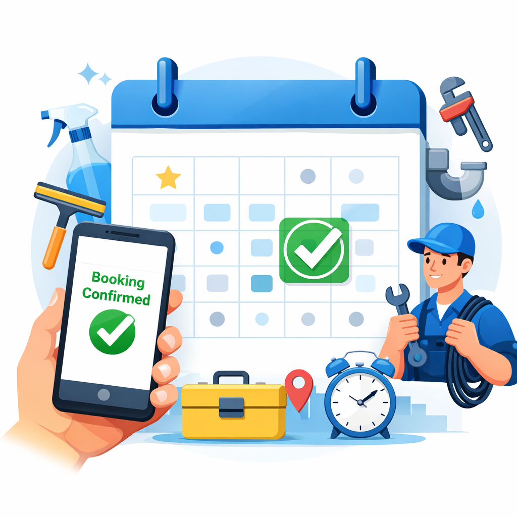 A calendar with maintenance dates, a smartphone displaying 'Booking Confirmed' with a checkmark, a cleaning spray, a squeegee, a wrench, a plumber's pipe wrench, a toolbox, a location pin, a clock, and a smiling technician holding a wrench and a coil of wire.