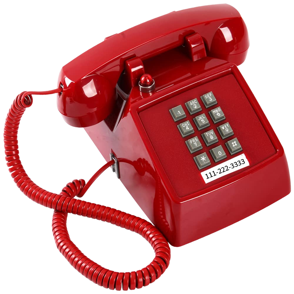 Red rotary telephone with a coiled cord and a white sticker with a phone number on the front.
