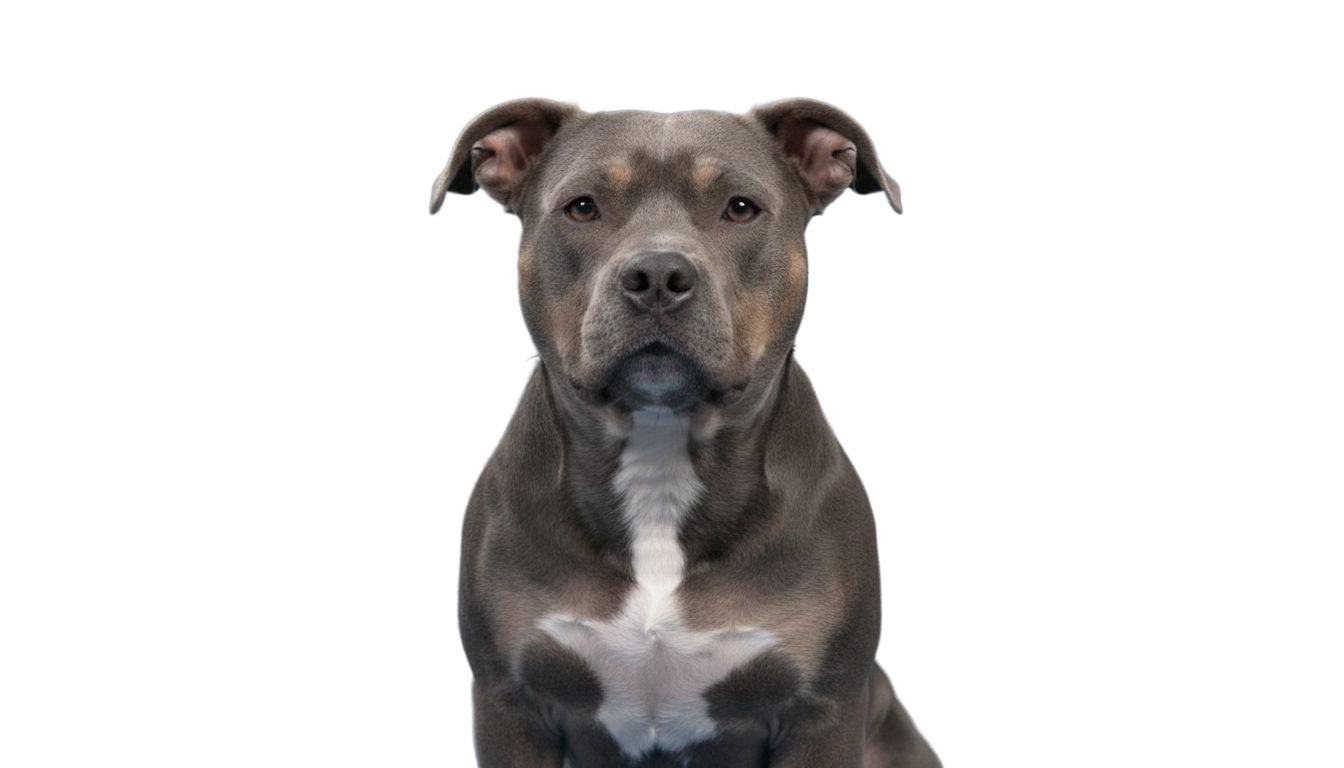 A gray and white dog sitting and facing forward, with a black background.