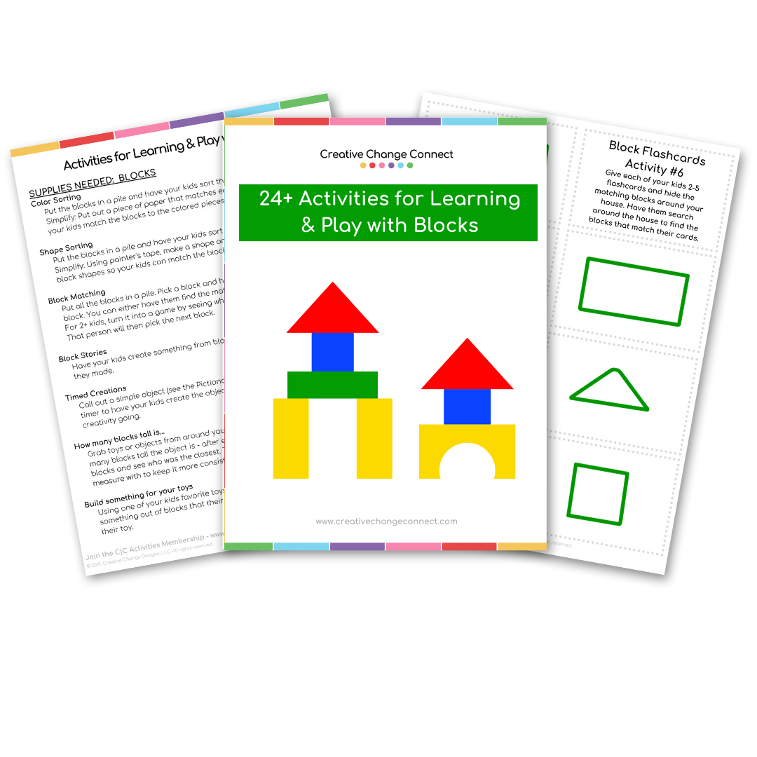 Brochure titled '24+ Activities for Learning & Play with Blocks' featuring colorful block illustrations on the cover, with pages showing activity instructions and printable block shapes.