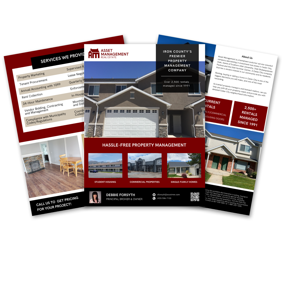 Flyer for Asset Management Real Estate featuring a house, images of residential and commercial properties, and information about property management services in Cedar City.