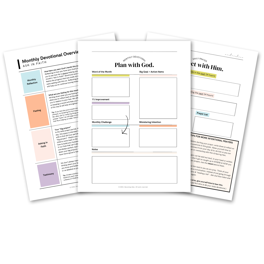 A set of three printable devotional worksheets titled 'Monthly Devotional Overview,' 'Plan with God,' and another that is partially visible, laid out on a black background. The worksheets contain sections for reflection, fasting, prayer, and notes for spiritual growth.